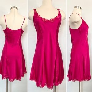 90s Victoria’s Secret Silk Hot Pink Gold Label Vintage Lace Chemise Slip Dress